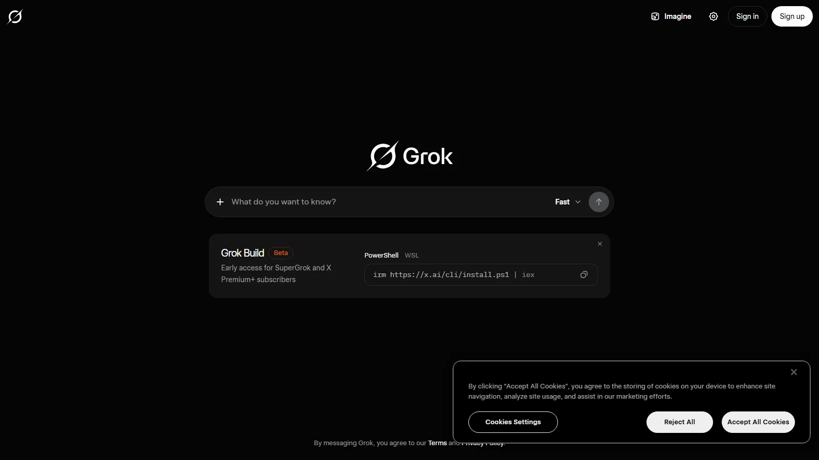 Grok Build beta promo on the grok.com landing page