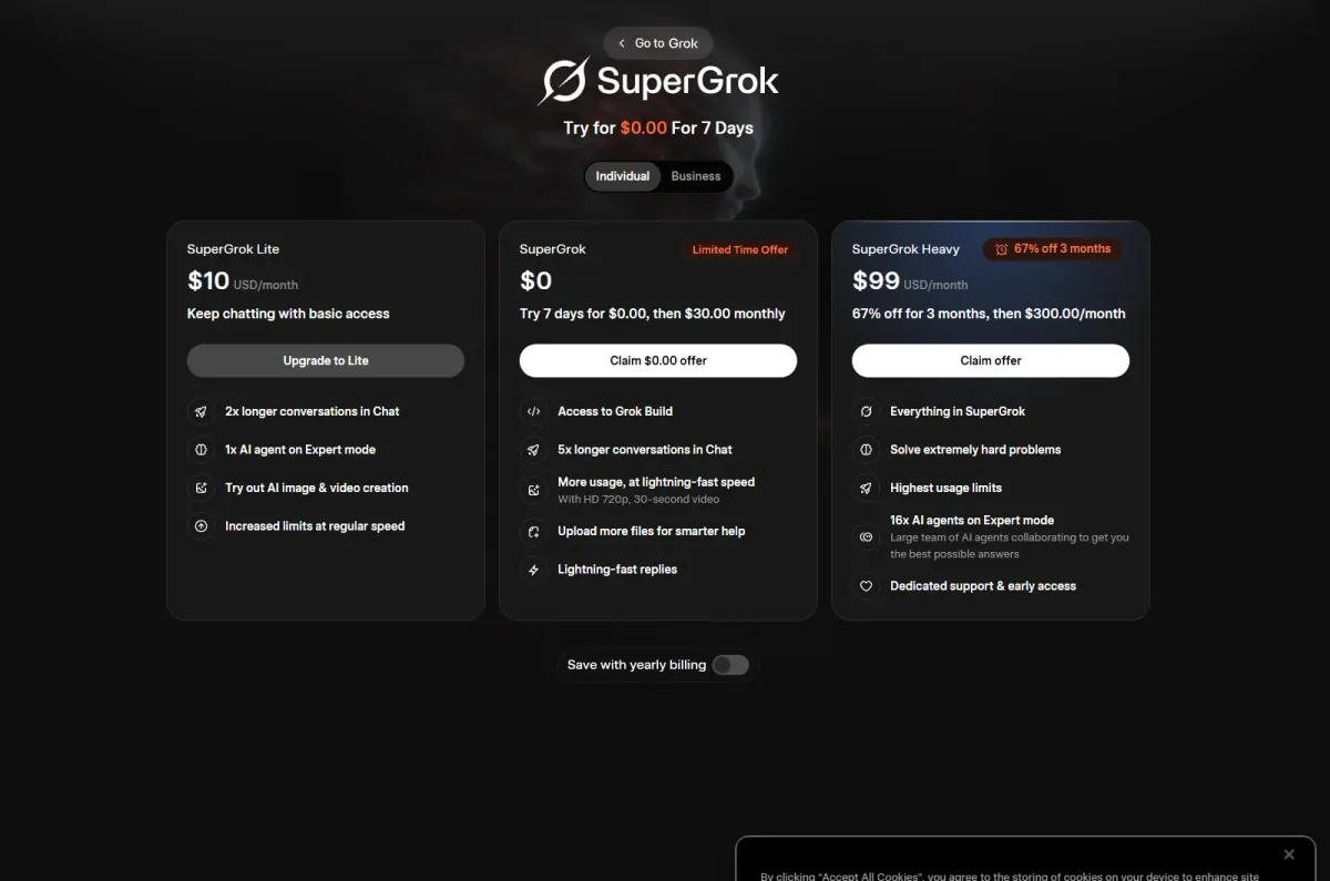 Official SuperGrok plans page on grok.com showing Lite, SuperGrok and Heavy tiers