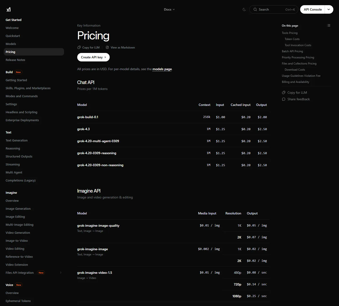 Official xAI API documentation pricing table